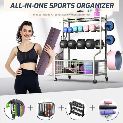 PLKOW Dumbbell Rack, Weight Rack for Dumbbells, Home Gym Storage for Dumbbells Kettlebells Yoga Mat and Balls, All in One Workout Storage with Wheels and Hooks, Powder Coated Finish Steel