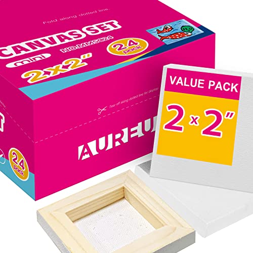 AUREUO Mini Stretched Canvas - 2x2 Inch/24 Pack - 2/5 Inch Profile Tiny Square Canvas Boards for Painting - Art Gift Set Bulk Pack Canvases for Acrylic Painting & Craft - size: 2"x2"