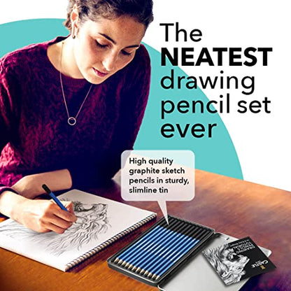 Castle Art Supplies 12 Piece Graphite Drawing Pencils Kit for Adults | For beginner to advanced adult artists - compact, sturdy, attractive metal case with tutorial included, easy to carry