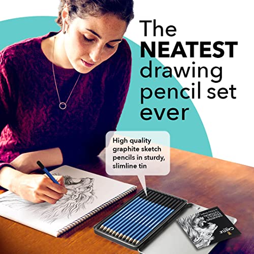 Castle Art Supplies 12 Piece Graphite Drawing Pencils Kit for Adults | For beginner to advanced adult artists - compact, sturdy, attractive metal case with tutorial included, easy to carry