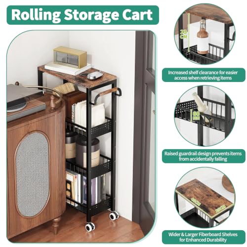 4 Tier Rolling Cart, Metal Utility Slim Storage Carts with Wheels, Small Mobile Shelf Unit Organizer Trolley with Handle and Wood Top, Rolling Cart for Laundry, Bathroom, Kitchen