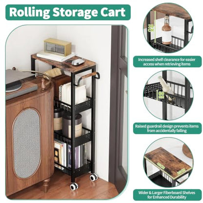 4 Tier Rolling Cart, Metal Utility Slim Storage Carts with Wheels, Small Mobile Shelf Unit Organizer Trolley with Handle and Wood Top, Rolling Cart for Laundry, Bathroom, Kitchen