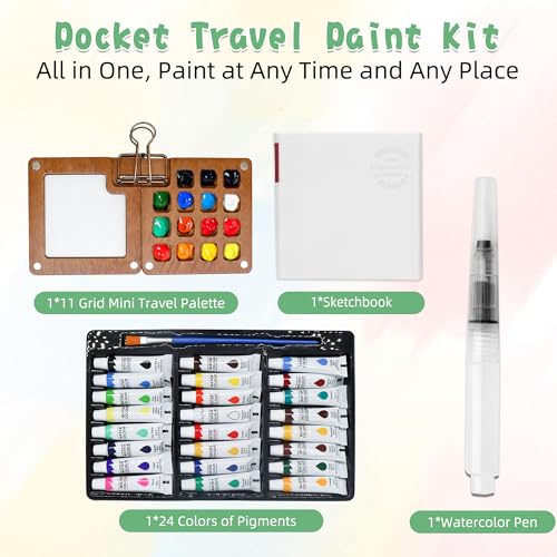 Mini Paint Palette Travel Kit, Portable Pocket Artist Water Color Travel Set with 24 Colours,Sketchbook,Clips,Pens,15 Grid Wooden Paint Box for Painters Artists (24 Colours)