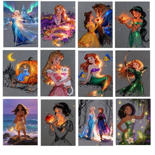 ZSWLLHP 12 Pack Glowing Diamond Art Kits for Adults,Disiney Glowing Princess Diamond Painting Kit for Adults and Kids,Full Round Drill Diamond Art Painting Diamond Dot Home Wall Decor (Multicolor 2) - color: Multicolor 2