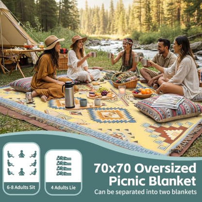 RYCHIC 2 in 1 Extra Large Camping Blanket Outdoor Rug Picnic Yoga Mat Lightweight Car Essential Roadtrip Gadget Rv Accessories Glamping Gear Must Haves Hiking Backpacking Necessities Women Beach Gift - color: Boho Yellow