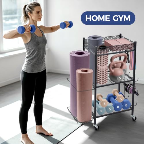 Yoga Mat Storage Rack with Wheels Home Gym Essentials