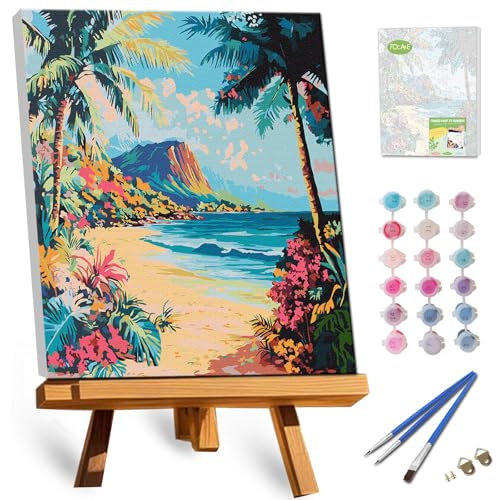 TOCARE Framed Paint by Numbers Kit for Adults, 12x16Inch Hawaii Beach Paint by Numbers with Frame, Palm Tree Seascape Adult Paint by Number Framed Canvas (Without Easel) - color: TC-F-345