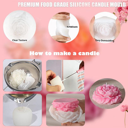 3 Pack Peony Silicone Candle Mold Flower Mold Resin Casting Molds with Large-Eye Wicking Needle,Candlewick for DIY Scented Candle, Soy Wax, Cake, Soap,Craft Making - color: 3PCS-Peony