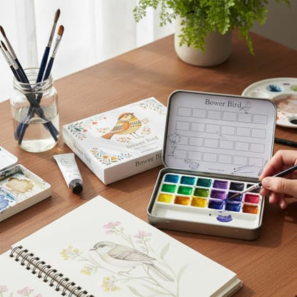 Bower Bird Travel Ceramic Watercolor Palette with Porcelain Mixing Tray, Metal Tin Box, White, 5.3x3.5x0.55 Inches, Portable Art Kit (18Well)