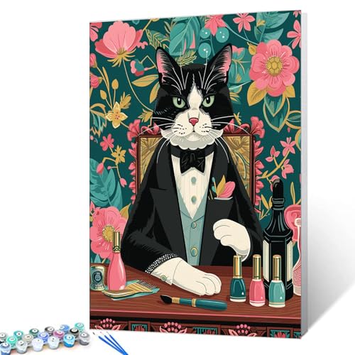 Tuxedo Cat Paint by Numbers Kit for Beginners Kitten Wear a Formal Suit Paint by Number DIY Painting Multicolored Flowers Colorwork Paintwork Suitable for Living Room 16x20 inches(Without Frame) - color: Artwork-23, size: 16''x20''(Without Frame)