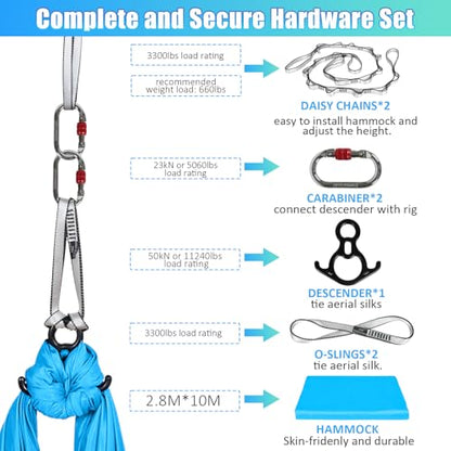 Aerial Silks Kit & Aerial Yoga Hammock - 11Yd Premium Fabric with Hardware | Easy Setup for Flying Yoga, Aerial Swing & Fitness - Supports Up to 14ft Rigging(Navy) - color: Light Blue
