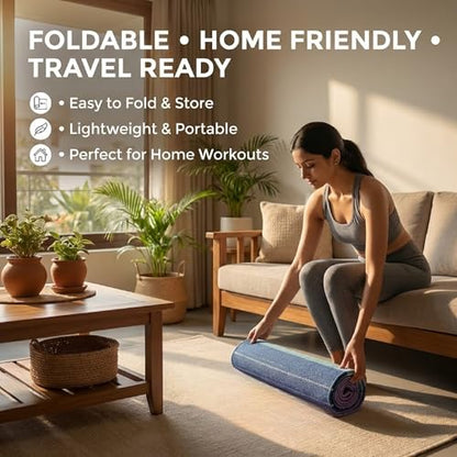 Indian Handmade100 % Organic Anti Skid Multi Colour Cotton Yoga Mat - Eco-Friendly Hand-Woven Rug - Non-Slip & Thick (24”x72”x5mm) for Hot yoga & Everyday Fitness at Home - Comfortable & Foldable Extra-Long Mat - color: Multi 10