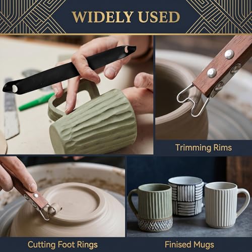 2 Pcs Pottery Trimming Tools Set, Stainless Steel Clay Carving Scraper & Ceramics Bottom Foot Trimming Tool with Red Sandalwood Handles for Wheel Throwing, Foot Ring Shaper for Bowl Cup Vase Base
