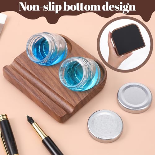 Wooden Tilting Inkwell with Two Glass Bottles, Kakimori Dip Pen Holder & Fountain Pen Stand Set for Calligraphy Writing Desk Organization (4.25"x3.86")