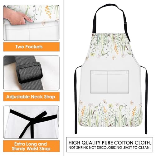 Apron with Pockets, 32x28 inch, for Women Men, Wild Flowers | Floral Yellow Green Waterproof Adjustable Bib Aprons for Kitchen Cooking Baking Painting Gardening - color: Eucalyptus
