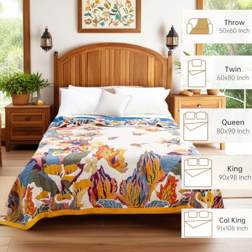 VANJOROY Boho 담요, 100% 유기농 면 127x152.4cm(50x60인치), 카우치 베 - color: 꽃-나비, size: 담요(50 x 60인치)