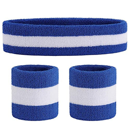 ONUPGO Sweatband Set Sports Headband Wristband Set Sweatbands Terry Cloth Wristband Wrist Sweatband Headbands Moisture Wicking Sweat Absorbing Head Band - color: Blue/White/Blue