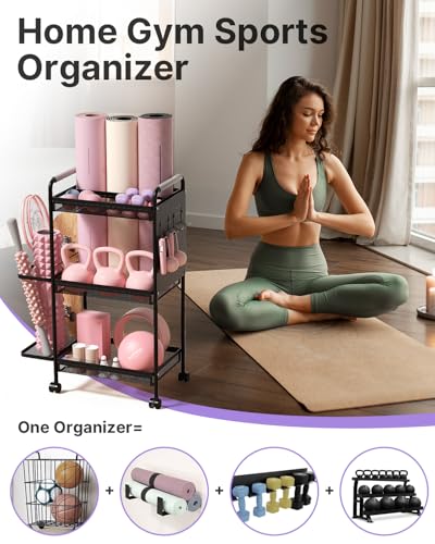 YOTTOY 3-Tier Gym Storage Rack for Home Gym–Multi-Functional Weight Rack, Dumbbell Rack, Yoga Mat Holder with Side Basket & 6 Hooks, Gym Equipment Organizer - color: Black