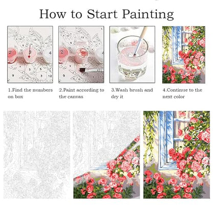 ZRIZQ Paint by Numbers Kit for Adults Beginner,Flowers Window,16x20 | Full set with wooden brushes,rolled canvas,rich paints.Calming activity.Beginner friendly.Just open and paint. - color: 16"X20"Rolled Canvas(Frameless)-Flowers 14