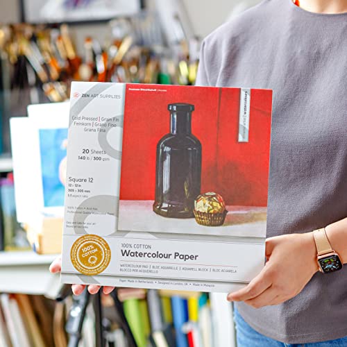 100% Cotton Watercolor Paper Block 140 lb - 12x12 in Cold Pressed 20 Sheets | Professional Grade Water Color Paper, Acid-Free Archival, Dual Texture Surfaces, Warp-Free Block Binding, Gouache & Wet-Media - size: 12"x12" Square 12