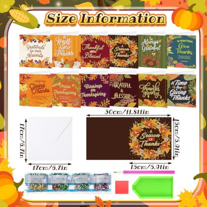 Saillong 12 Pack Fall Thanks Diamond Painting Greeting Card Kits DIY Thanksgiving Diamond Art Cards with Envelope Maple Leaves 5D Rhinestones Paint Card for Adults DIY Crafts Family Friend Autumn Gift - color: Thanksgiving
