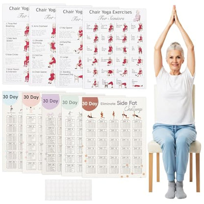 Chair Yoga Poster for Seniors & Beginners – Set of 4 Illustrated Guides & 5 30-Day Challenges Workout Plans, Exercise Charts for Mobility, Balance, Flexibility, Stretching Home Fitness