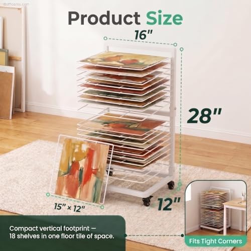 OFFICEROO White Art Drying Rack for Classroom & Preschool – 18-Shelf Mobile Paint Drying Rack, Canvas & Paper Drying Rack for Art Storage - color: White