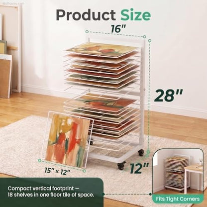OFFICEROO White Art Drying Rack for Classroom & Preschool – 18-Shelf Mobile Paint Drying Rack, Canvas & Paper Drying Rack for Art Storage - color: White