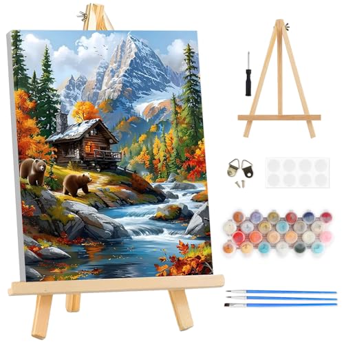 TOSTOG Brown Bear by the Mountain Stream Framed Canvas Paint by Numbers Art Kit for Adults and Kids, Beginner Acrylic Oil Painting Supplies with Wooden Frame for Home Wall Decor 25 * 35 cm/10 * 14 in - color: Brown Bear by the Mountain Stream