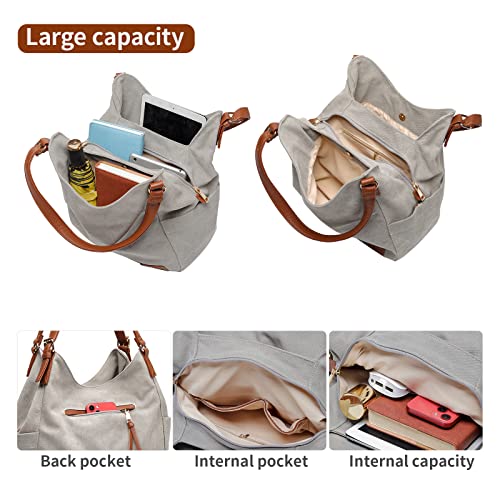 Worldlyda Women Canvas Hobo Purse Multi Pocket Tote Shopper Shoulder Bag Casual Top Handle handbag with Embroidery Ethnic - color: Be06grey