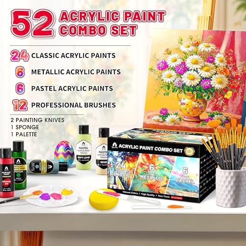 52 Pcs Classic & Metallic & Pastel Acrylic Paint Set with 12 Brushes, 2 Knives & Palette, 36 Colors (2oz/60ml) - for Adults, Kids, Artists & Beginners - Arts and Crafts Painting Kit - color: Mixed, size: 2 Fl Oz (Pack of 36)