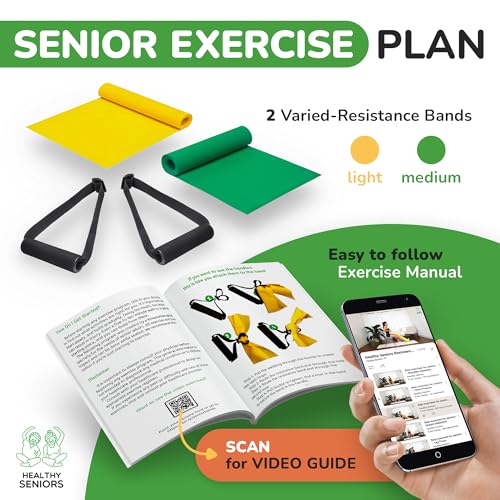 Healthy Seniors Chair Exercise Program with Two Resistance Bands, Handles and Printed Exercise Guide. Suitable for Rehab or Physical Therapy. Thoughtful Gift for Grandma or Grandpa