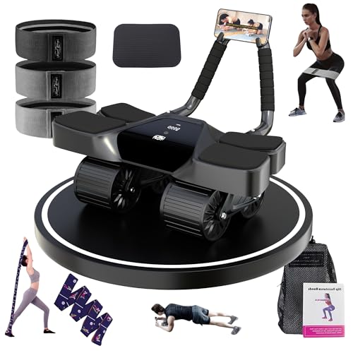 Ab Roller Home Gym Equipment – 4 Wheels Ab Wheel Muscle Roller with Automatic Rebound, Yoga Stretching Strap, 3 Resistance Bands – Comfortable Elbow Support with Non-Slip Handles – Built-in Workout Tracker - color: Black + 3 Bands + 1 Strap