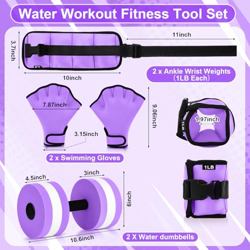 Hollowfly 6 Pcs Water Aerobics Equipment Set Full Body Pool Exercise Kit, 2 Aqua Dumbbells, 2 Adjustable Ankle/Wrist Weights, 2 Webbed Swim Gloves, Low Impact Aquatic Workout Gear - color: Purple, size: 1lb
