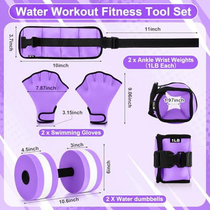 Hollowfly 6 Pcs Water Aerobics Equipment Set Full Body Pool Exercise Kit, 2 Aqua Dumbbells, 2 Adjustable Ankle/Wrist Weights, 2 Webbed Swim Gloves, Low Impact Aquatic Workout Gear - color: Purple, size: 1lb