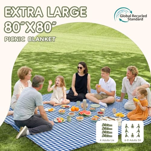 Genovega Waterproof Picnic Blanket Beach Outdoor Mat Rug Registry Wedding Search by Name Must Have Items Newly Wed Married Couple Gifts Bridal Husband Wife Men Women Mr Mrs 1 Anniversary Present - color: Checkered Navy