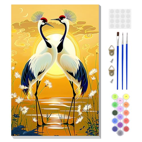 DOMROM Framed Paint by Numbers Kit for Adults, Cranes DIY Paint by Number Kits on Canvas, Easy Bird Painting by Numbers for Home Wall Decor Gift 8x12 Inch - color: PK044
