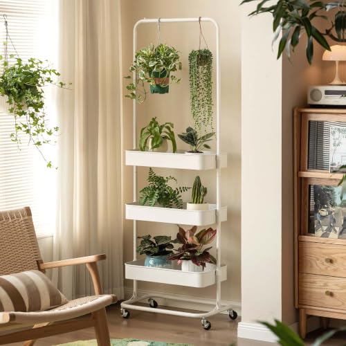 Tall 3 Tier Rolling Cart, Metal Storage Rack with Wheels for Indoor Spaces - color: Whiete, size: 14.56"D x 23.22"W x 68.89"H