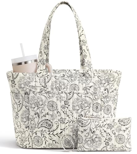 Bagstellar Quilted Tote Bag for Women Teacher Nurse Cotton Laptop Work Tote | Top Zip Closure Puffer Nursing School Travel Tote Bags with 40oz Cup Holder, Lightweight 14” Computer Shoulder Handbag Purses - color: Paisley