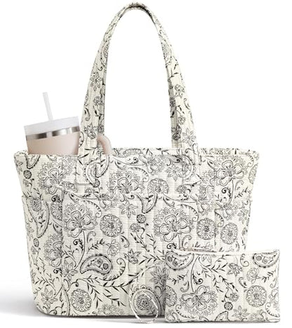 Bagstellar Quilted Tote Bag for Women Teacher Nurse Cotton Laptop Work Tote | Top Zip Closure Puffer Nursing School Travel Tote Bags with 40oz Cup Holder, Lightweight 14” Computer Shoulder Handbag Purses - color: Paisley