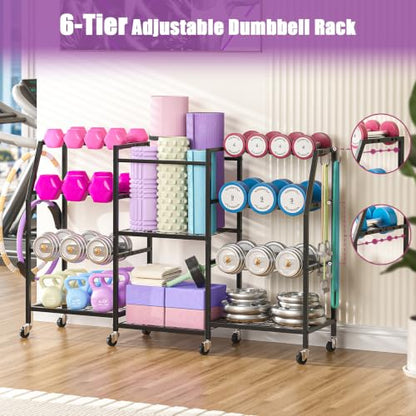 Dumbbell Rack, Weight Rack for Home Gym, Yoga Mat Storage Rack, Exercise Equipment Storage with Wheels and Hooks, Home Gym Equipment Organizer for Kettlebells - size: Large