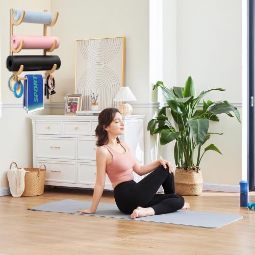 Upgraded 3 Tier Wooden Yoga Mat Rack Wall Mount with Bottom Hanging Bar