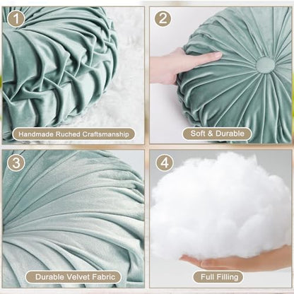 HIG Set of 2 Aqua Velvet Decorative Round Pleated Throw Pillows - color: Aqua