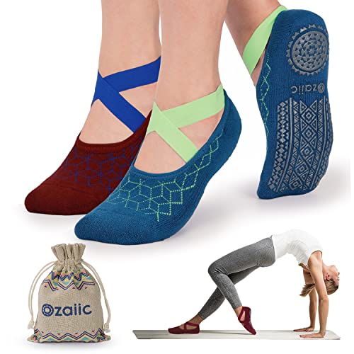 Ozaiic Pilates Socks for Women Non Slip Grip Yoga Barefoot Indoor Workout - color: Blue/Red-2 Pairs