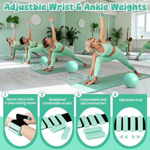 19PCS Pilates Kit, Mint Green Home Pilates Workout Kit for Women, Pilates Equipment with 14" Pilates Ring and Ball, Ankle Weights, Resistance Bands, Pilates Socks Accessories for Home Workout