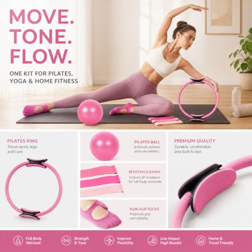 Pilates Ring and Ball Set, 6 Pcs Home Pilates Kit with 13” Circle Circle Yoga Ring 3 Resistance Bands 9.8” Pilates Ball Pilates Grip Socks, Pilates Essential Kit for Women Girl Home Workouts - size: 6 PCS