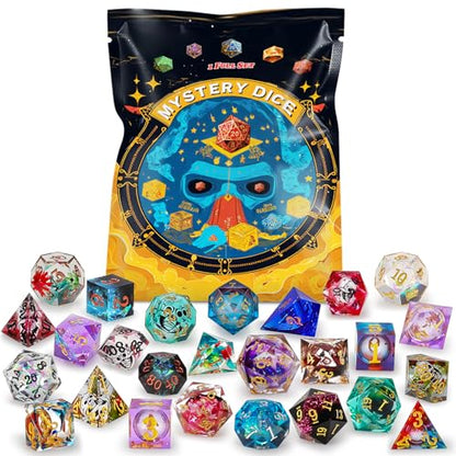 QMAY Mystery Dice Set – 7 Pcs Sharp Edge Resin Polyhedral Dice + 1 Dice Bag - style: 1 bag Resin Mystery Dice