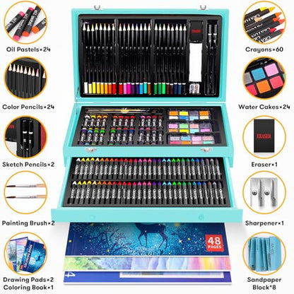 iBayam 150-Pack Deluxe Art Supplies with 1 Coloring Book, 2 Sketch Pads | All-in-one art kit with pencils, pastels & watercolors in a wooden case. Safe, non-toxic, perfect for kids & adult beginners. - color: Teal