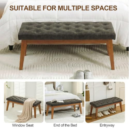 43.5" Padded Button Tufted Faux Leather End of Bed Bench, Charcoal Gray - color: Charcoal Gray-pu-tufted