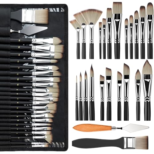 Bougimal 25-Piece Professional Paint Brush Set, Ideal for Acrylic, Oil, Watercolor & Gouache Painting, Includes Canvas Roll-Up Case & Palette Knife - Art Supplies Gift Set - size: 25PCS